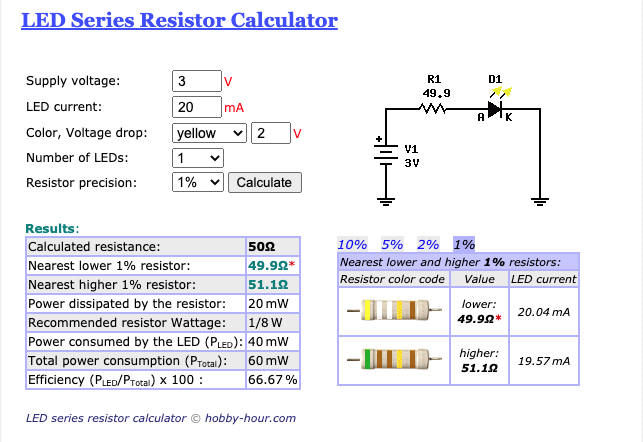 LED series resistor calculation for the BinWatch circuit
