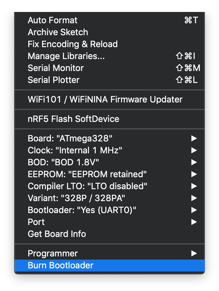 Arduino IDE programmer selection menu