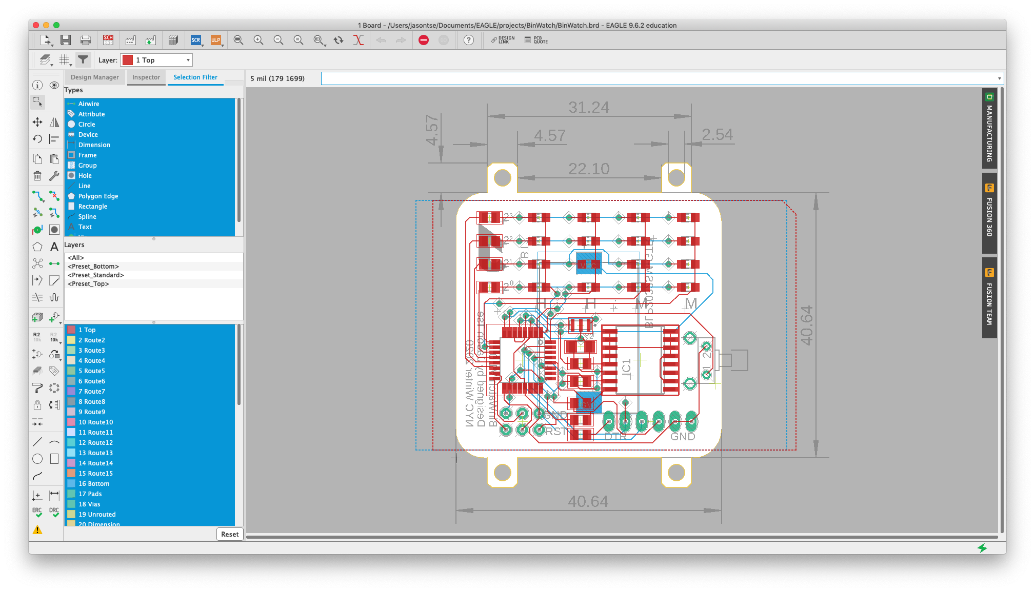 BinWatch routed PCB layout in Autodesk Eagle