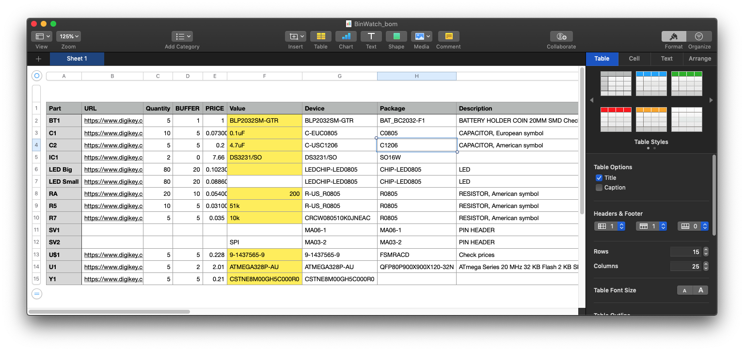BinWatch bill of materials spreadsheet